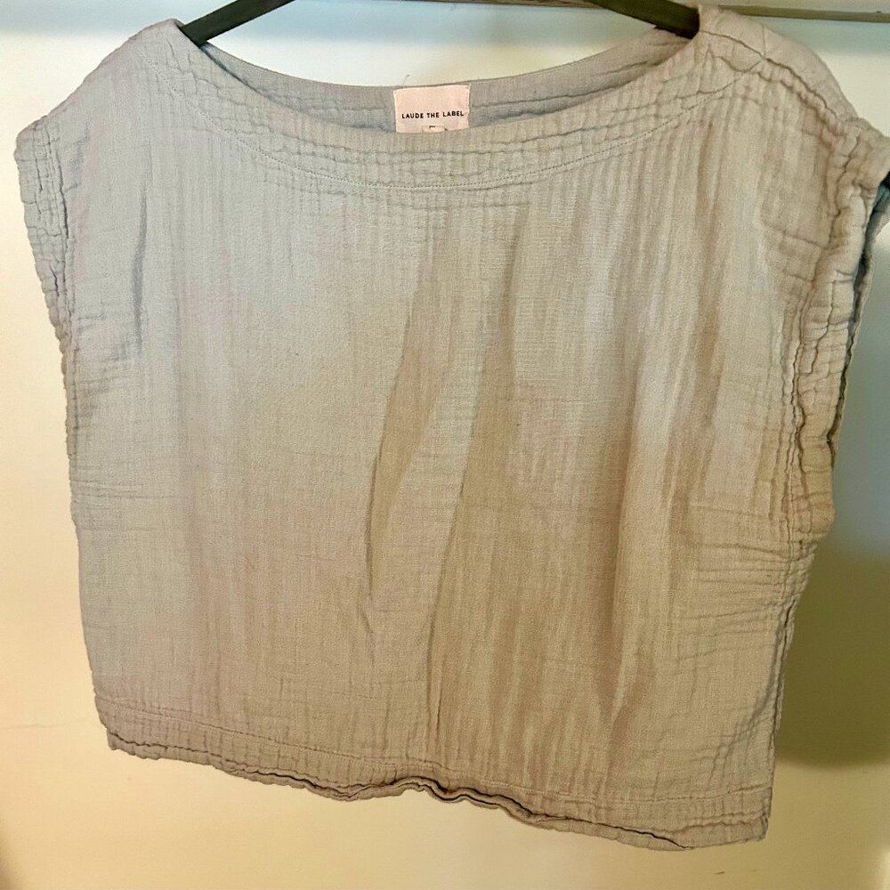 Laude the Label Linen/Cotton Gauze Top, Size M, Light Blue / Stone